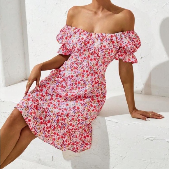 SHEIN Pink Red Floral Off-Shoulder Puff Sleeve Mini Sundress Women’s Size Small - Picture 3 of 10